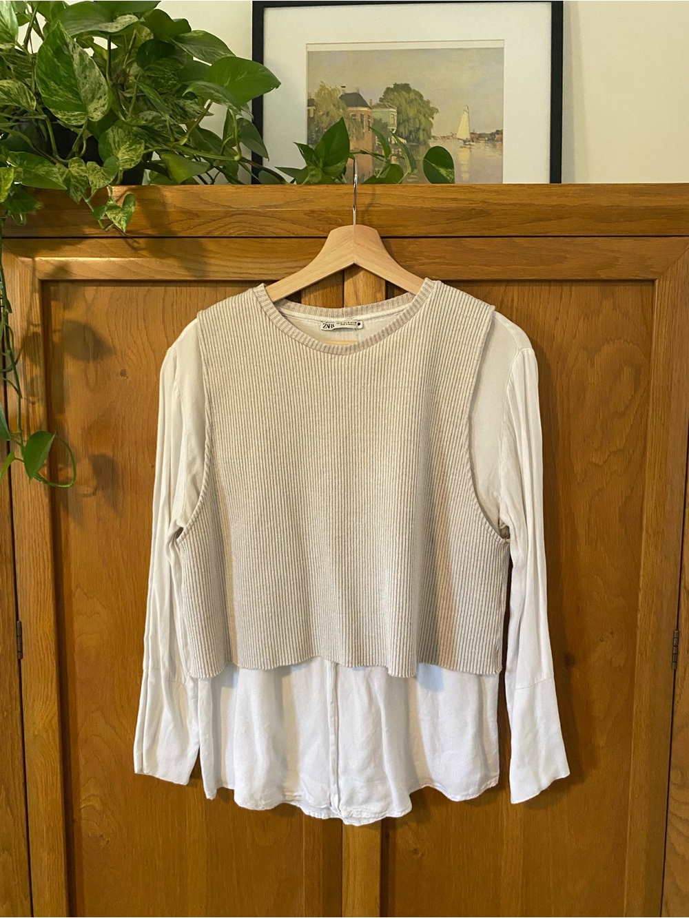 Zara Cream Layered Knit Vest Over White Blouse - Women's Top